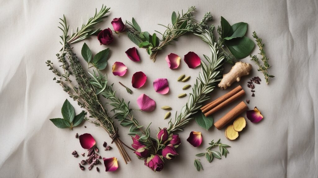 Heart shaped from herbs, with rosemary, rose, hibiscus, basil, cinnamon, turmeric