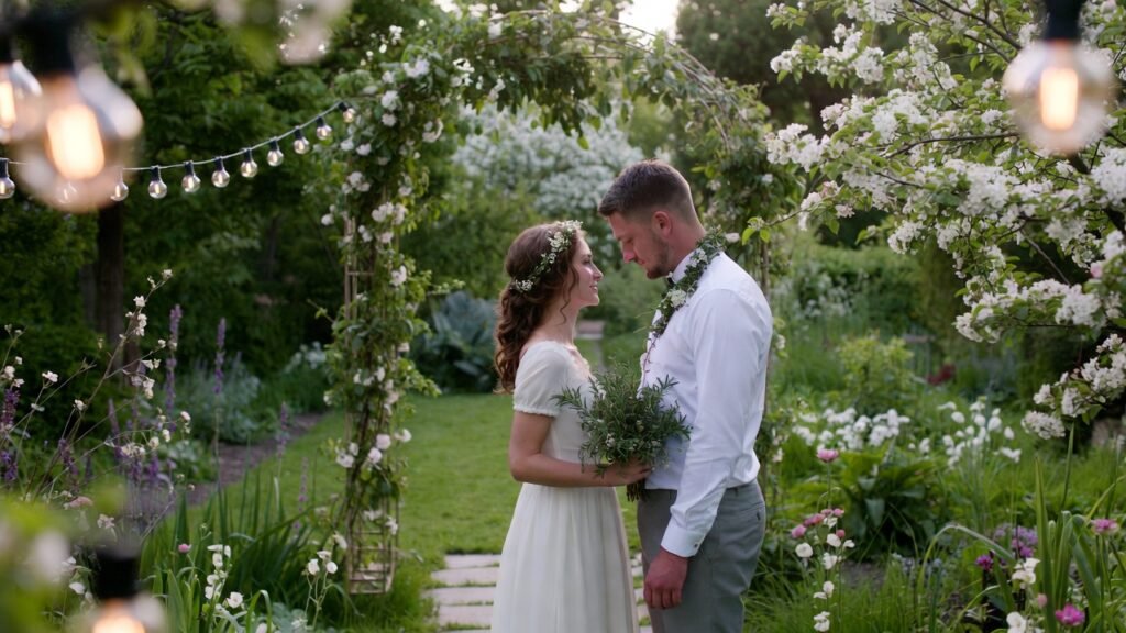 Spring garden wedding with herb deco and herb bridal bouquet and hair do