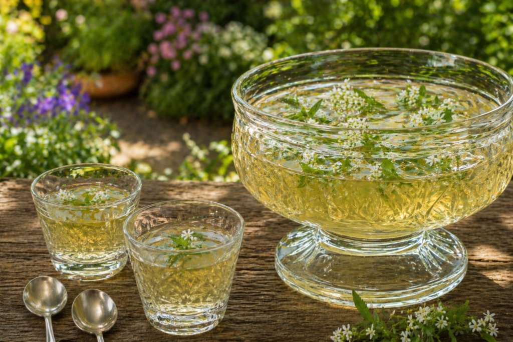 May wine, Sweet Woodruff May Punch in glass bowl, and glasses