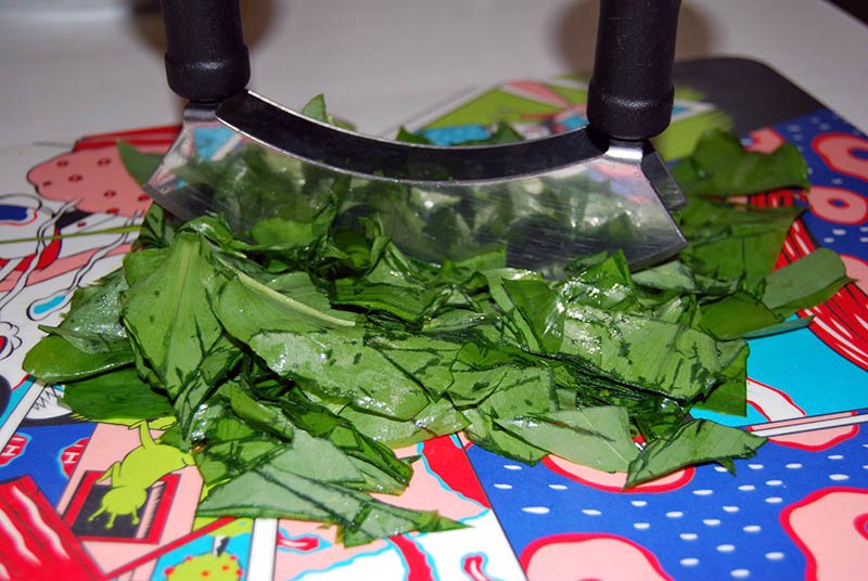 cutting raw wild garlic with herb knife