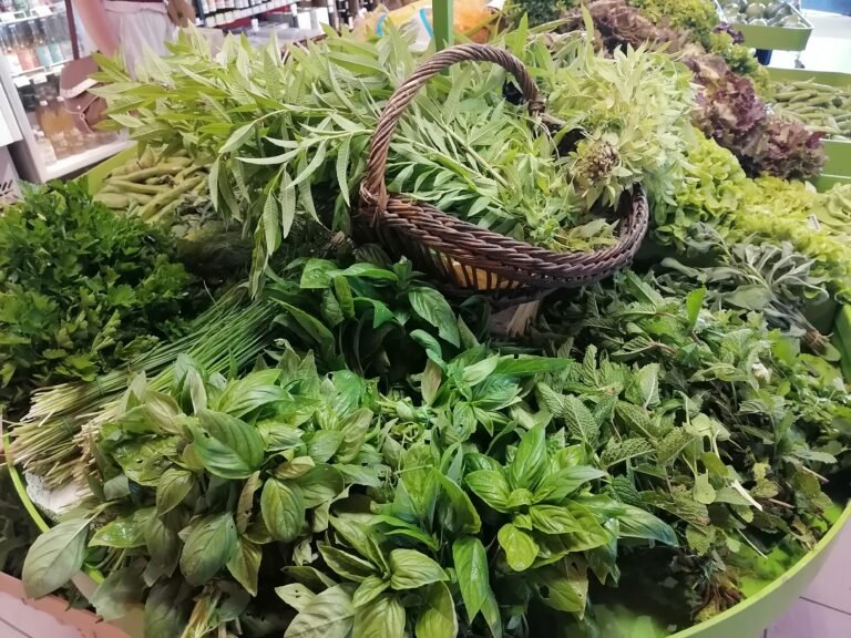 Herbs like basil, mint and lemon verbena in an organic store in the Provence