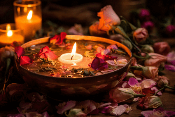 Aromatherapy for wellness and relaxation, candles in a rose bath.
