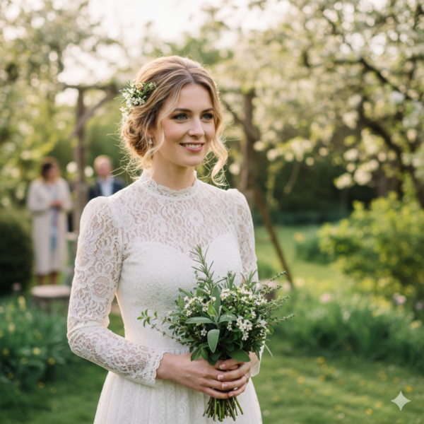 Herbs for the bride, herbal bridal bouquet and herb hair deco for romantic spring may wedding day.