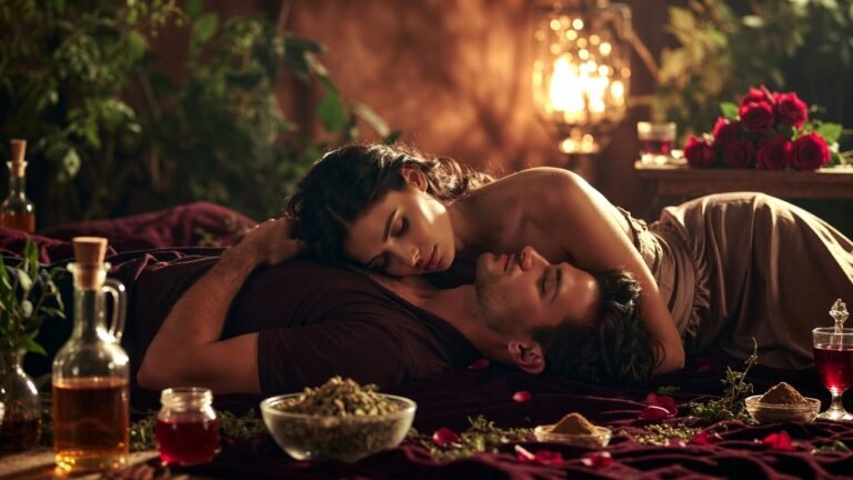 Romantic evening with herb and spice aphrodisiacs, couple in romantic embrace, Valentine's love