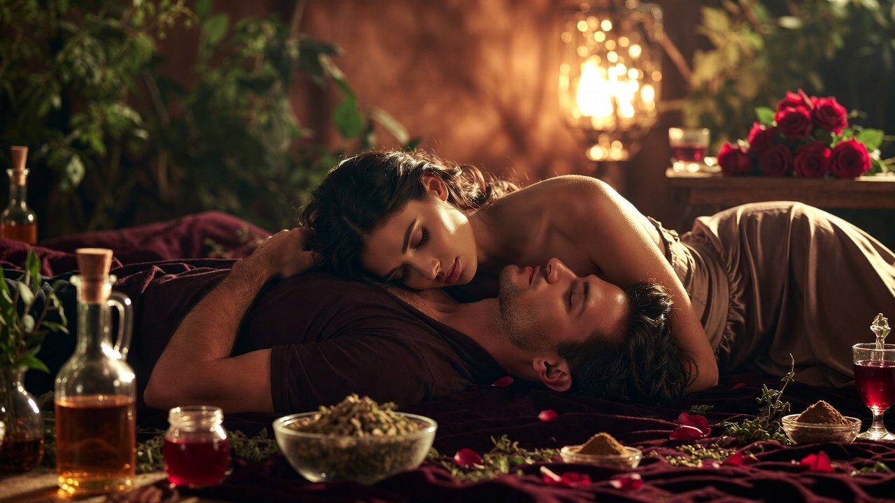 Romantic evening with herb and spice aphrodisiacs, couple in romantic embrace, Valentine's love