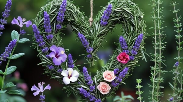 Heart shaped herb garland, herb heart with hibiscus and rose and lavender and rosemary 