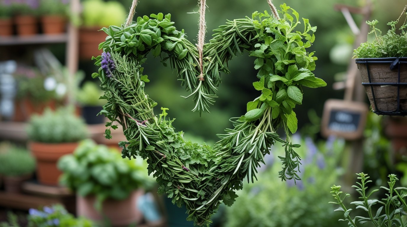 Hart shaped herb garland in herb garden with rosemary and lavender on Valentine's day