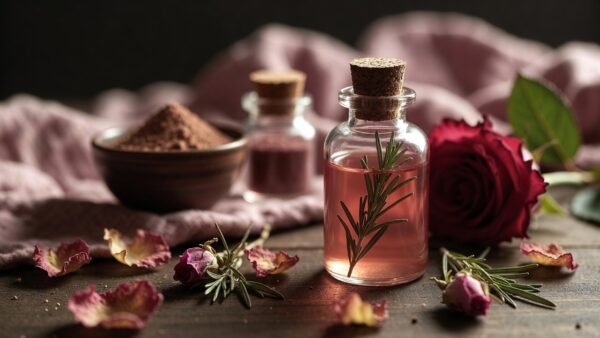 Herb infused oil and herb aphrodiasac, rose buds and rosemary