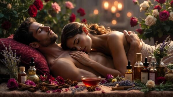 Sensual embrace, couple on Valentine's day having a romantic evening with essential massage oils, herbal baths and herb and spice infused wine.