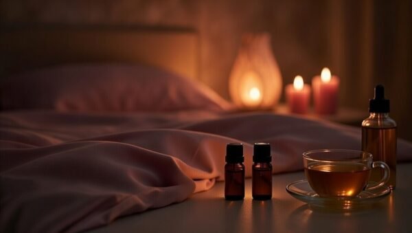 Essential oils for sensual massage on Valentine's day, with aroma lamp, candles and herbal infusion