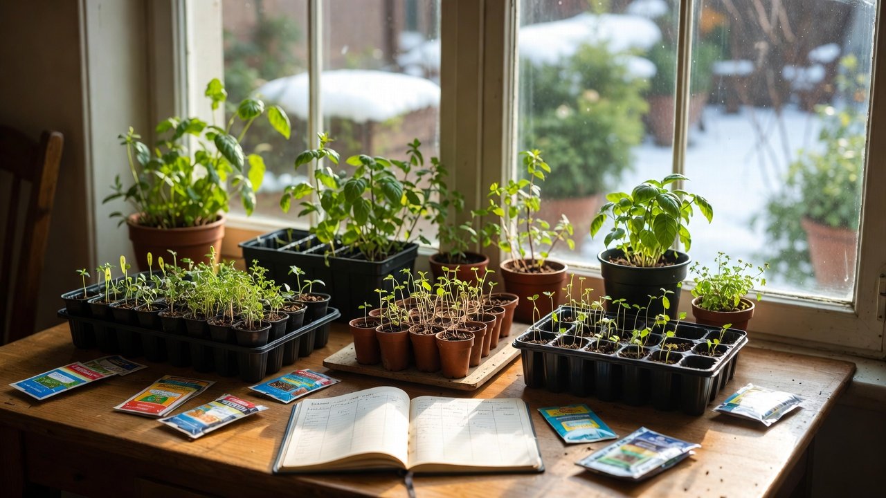 Planning herb garden and sowing herb seeds indoors in winter.