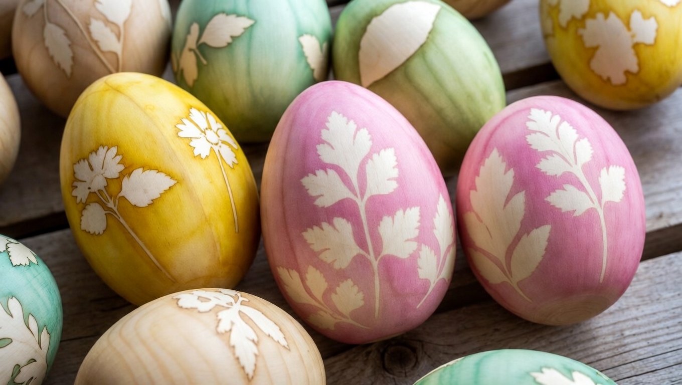 plant dyed vegan wooden easter eggs with herbs