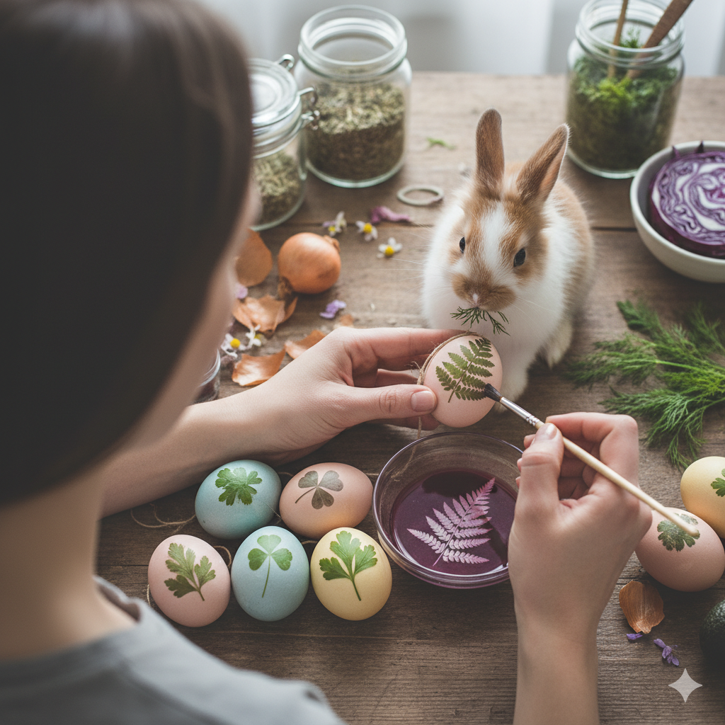 **Alt text:**

Woman painting Easter eggs with a brush using natural plant-based dyes, surrounded by bowls of colourful plant dyes, with delicate herb leaf patterns on the eggs and a bunny sitting on the table.