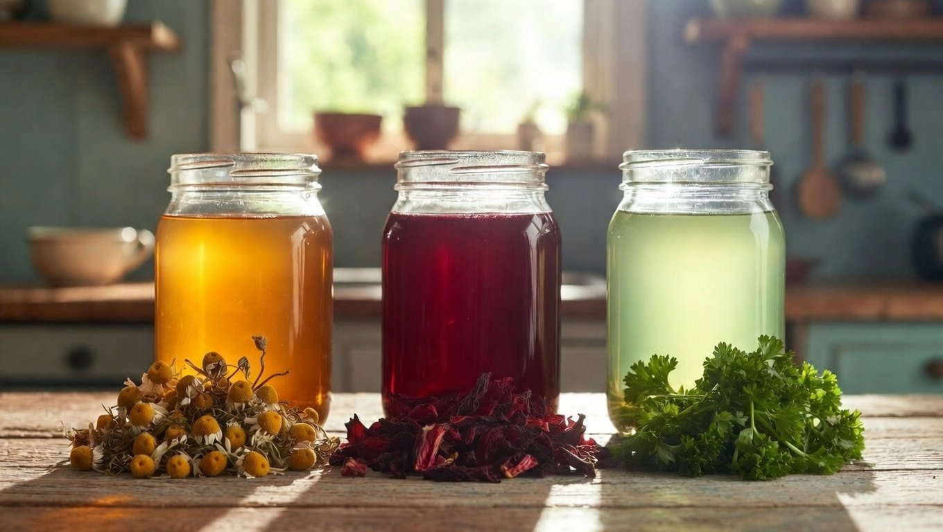 natural Plant and herb dyes for coloring easter eggs, with chamomile, hibiscus, parsley, three natural dye jars in kitchen