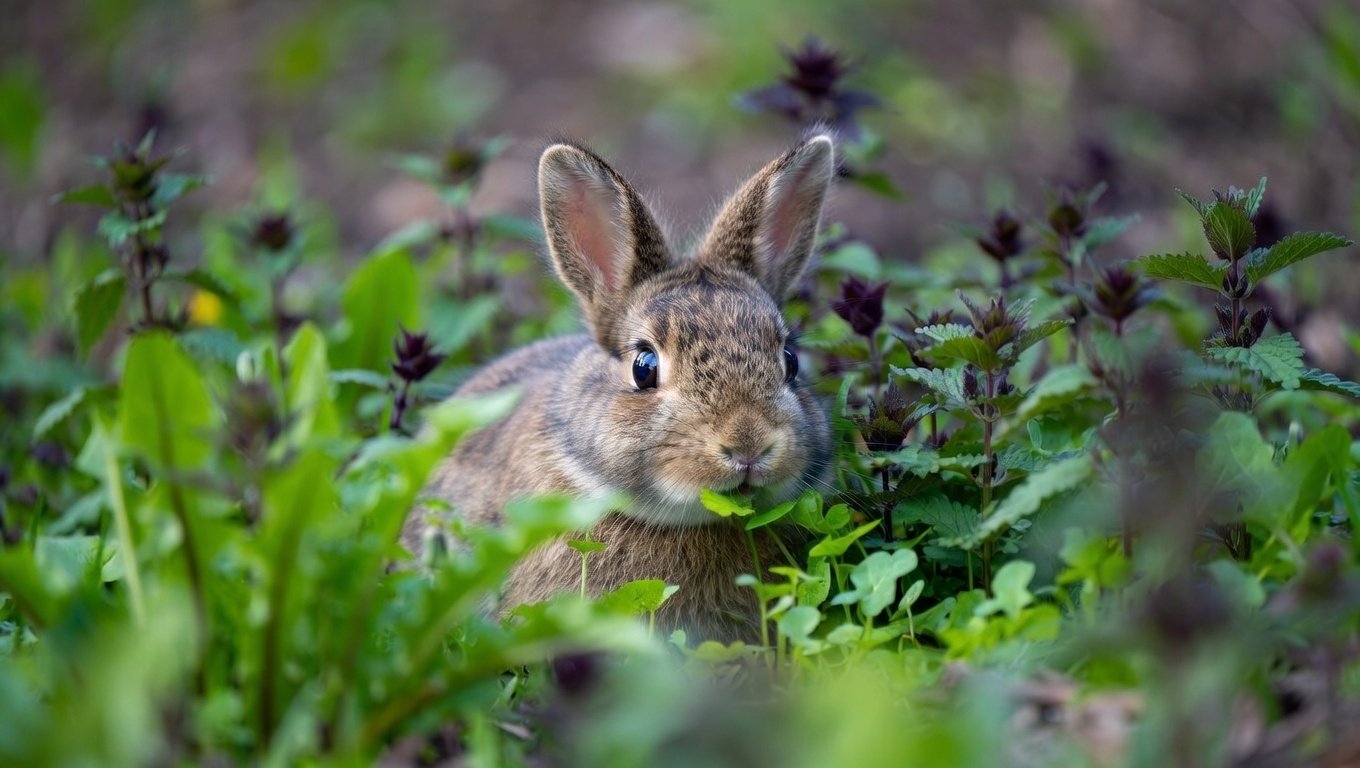 rabbit eating fresh young herbs around easter in garden, with dandelion, clover, nettles