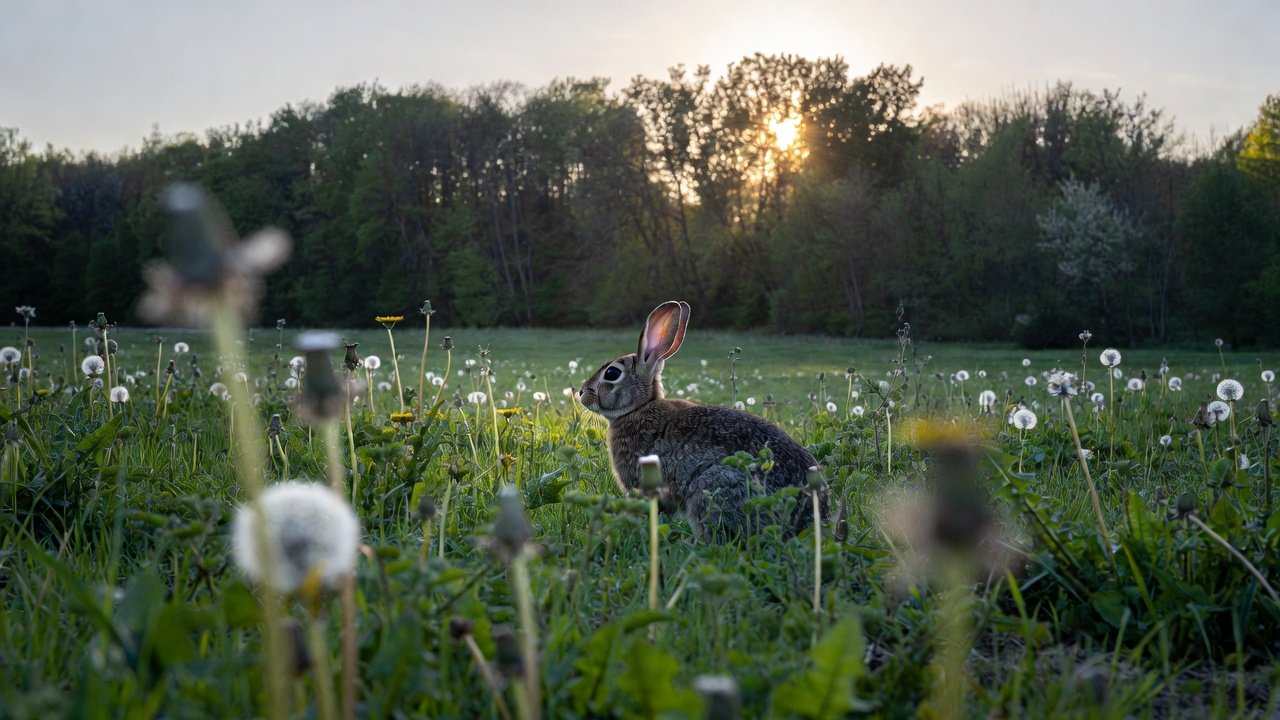 Rabbit at Easter in spring meadow with herbs and dandelion. 