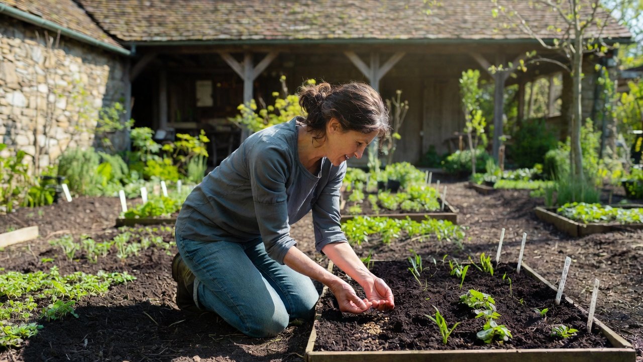 woman sowing herbs in herb garden bed, traditional herb garden, seeds